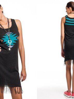 New Yoon Tank Print Dress Cover Up Sleeveless Summer Tribal Teal Black S M